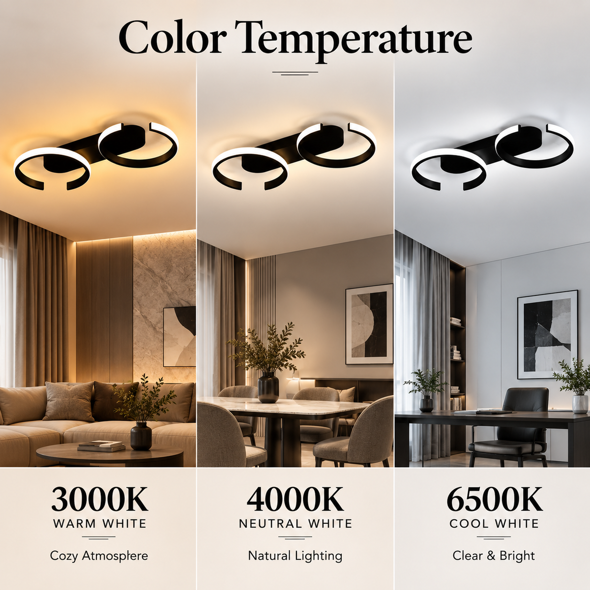 Plafonieră LED neagră, 47 cm, dimabilă, Wi-Fi, telecomandă, 3 culori