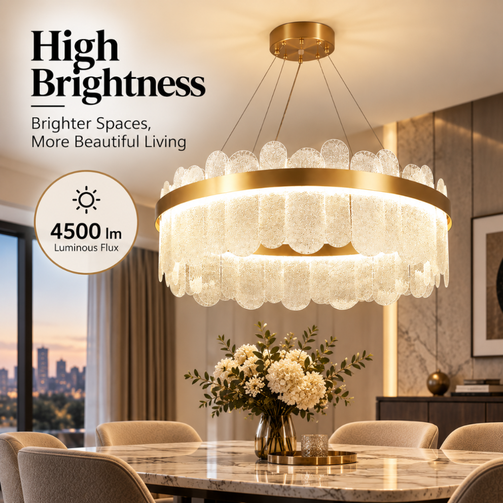 Candelabru LED auriu cu cristale, 45 W, Ø40 cm, 3 culori de lumină