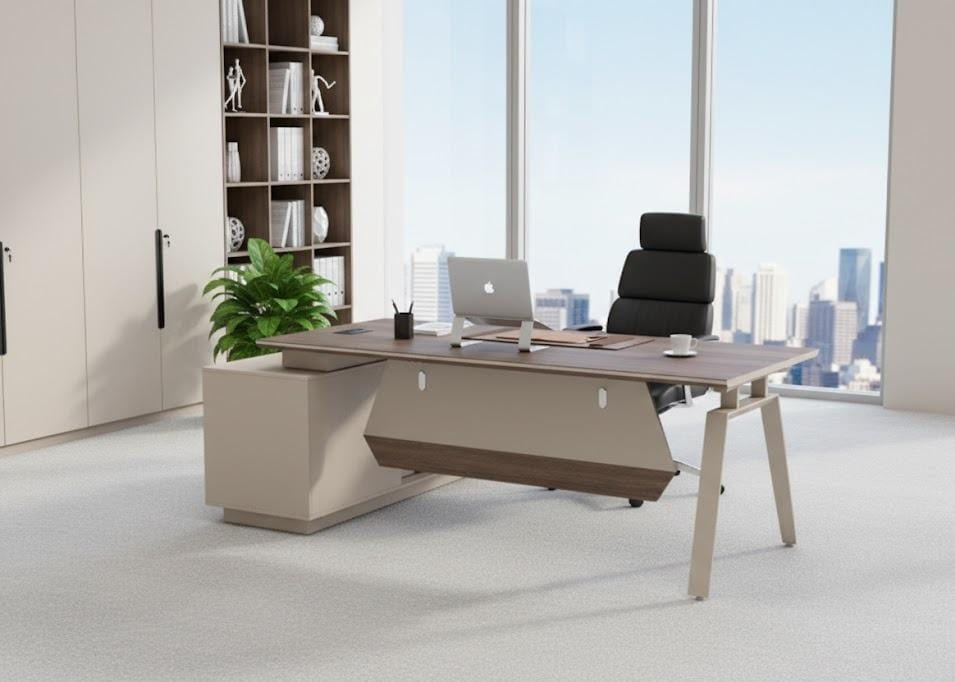 Birou WS-T1601/160 lemn si metal maro-negru forma L cu spatii depozitare 160x160 cm