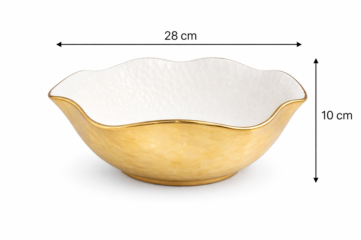 Bol decorativ 1224-8 ceramic alb cu exterior auriu lucios formă ondulată 28 cm