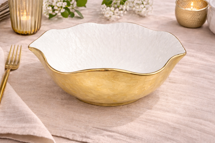 Bol decorativ 1224-8 ceramic alb cu exterior auriu lucios formă ondulată 28 cm