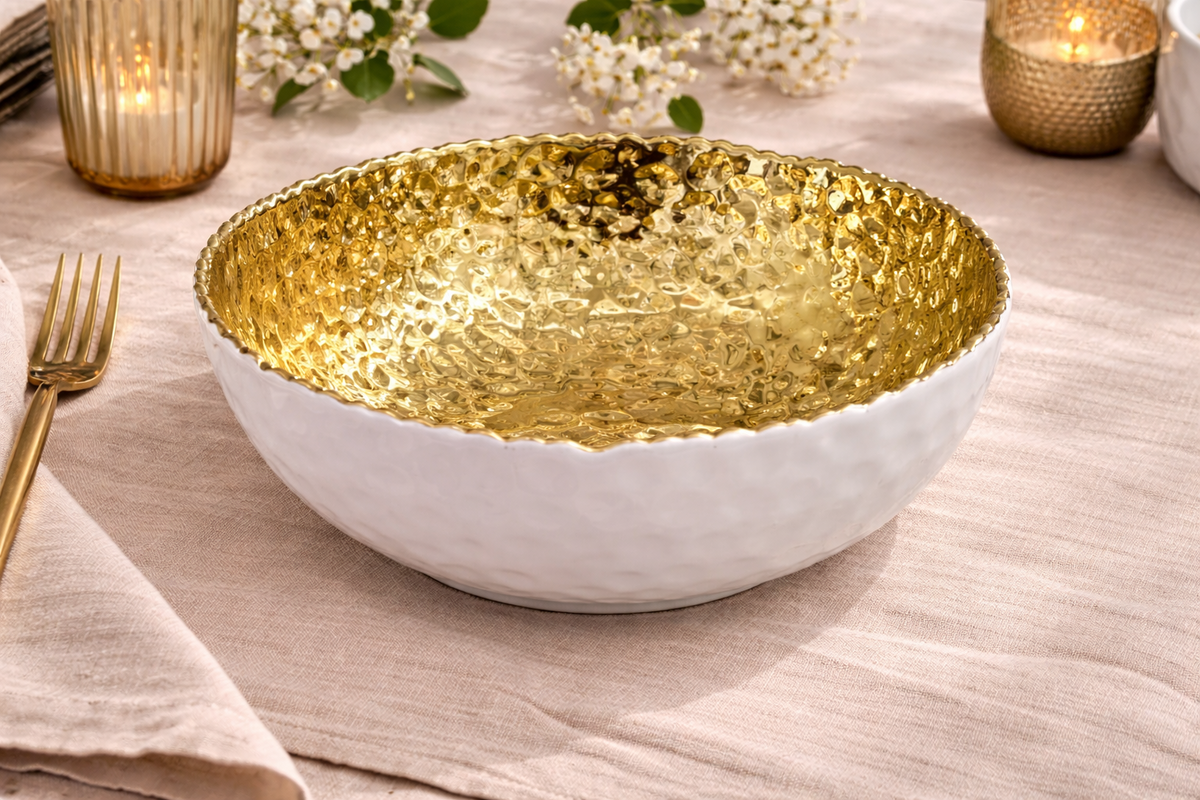Bol decorativ 957-27 ceramica alb exterior interior auriu texturat rotund 27 cm