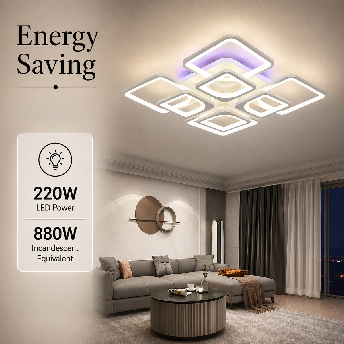 Plafonieră LED RGB dimabilă, 8 surse, Wi-Fi și telecomandă, 220 W