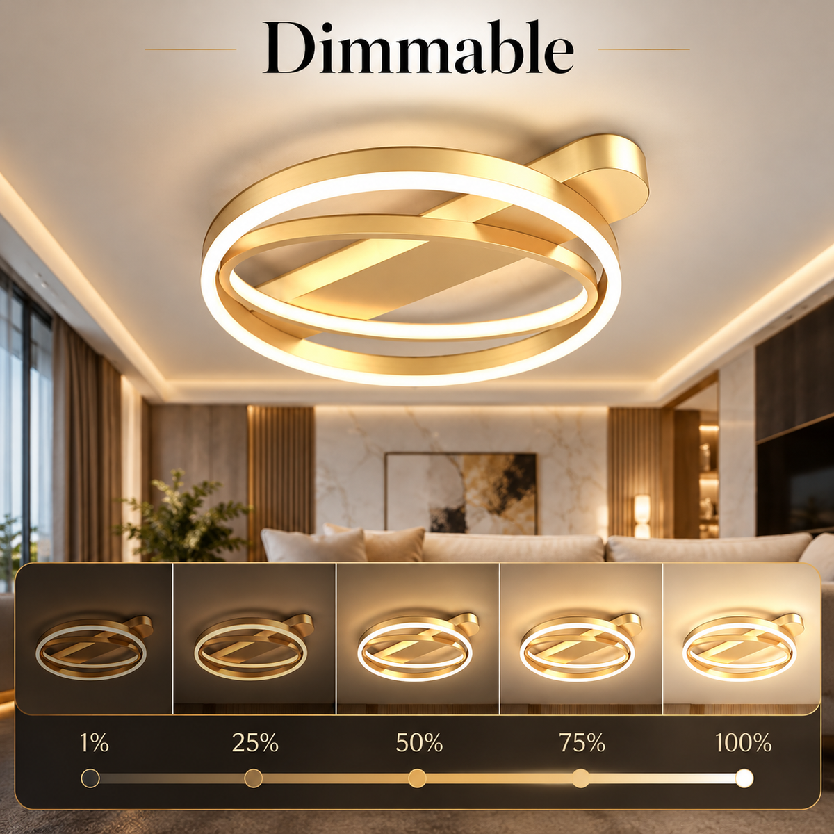 Plafonieră LED aurie, 2 inele, dimabilă, WiFi, telecomandă, 120 W