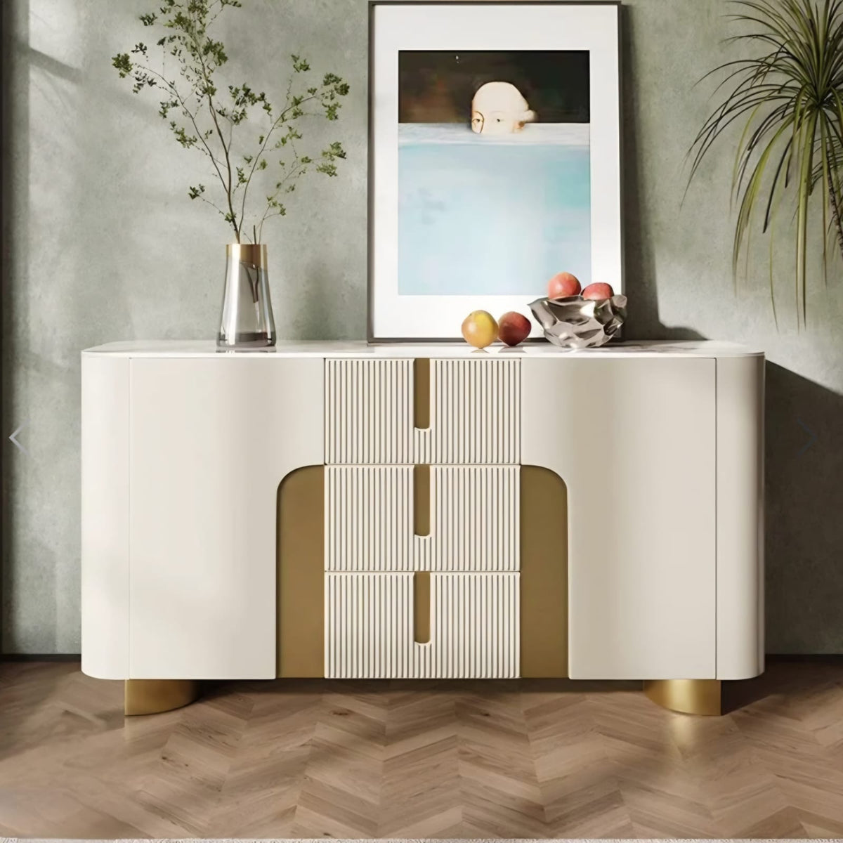 Cabinet 2088 MDF riflat bej, blat piatră sinterizată, design curbat cu accente aurii, 150 cm