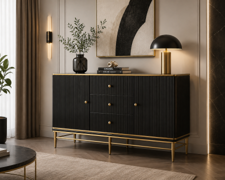 Cabinet T 810 modern cu nervuri, cadru metalic auriu și blat marmură compozit alb, alb sau negru, 150 cm lungime