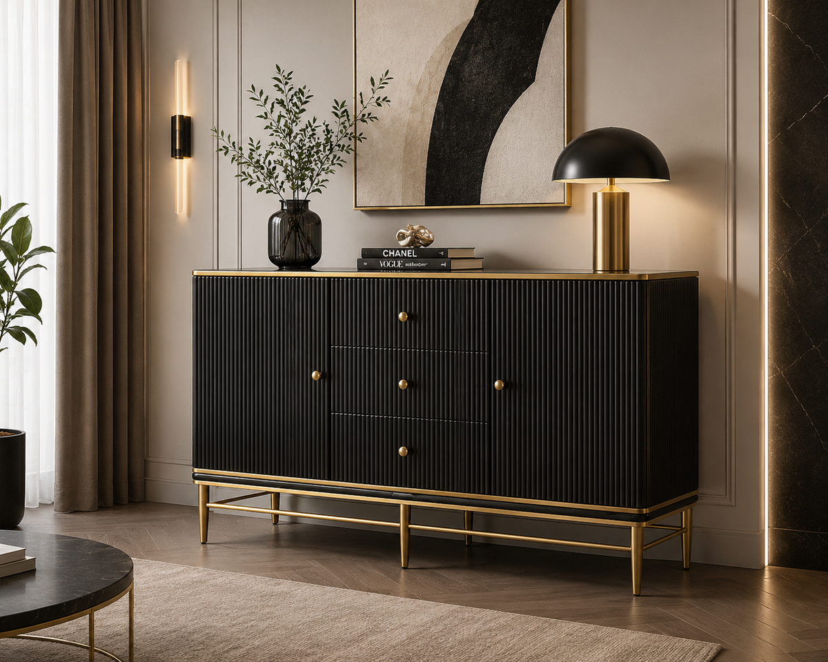 Cabinet T 810 modern cu nervuri, cadru metalic auriu și blat marmură compozit alb, alb sau negru, 150 cm lungime