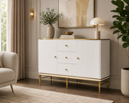 Cabinet T 810 modern cu nervuri, cadru metalic auriu și blat marmură compozit alb, alb sau negru, 150 cm lungime