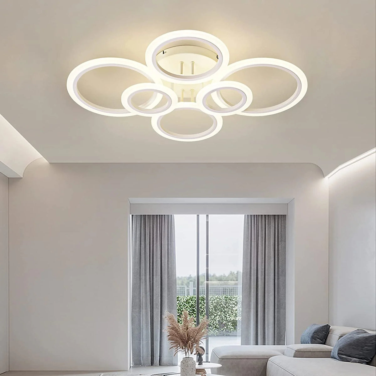 Plafonieră LED 160 W, 6 inele, albă, dimabilă, 3 culori, telecomandă