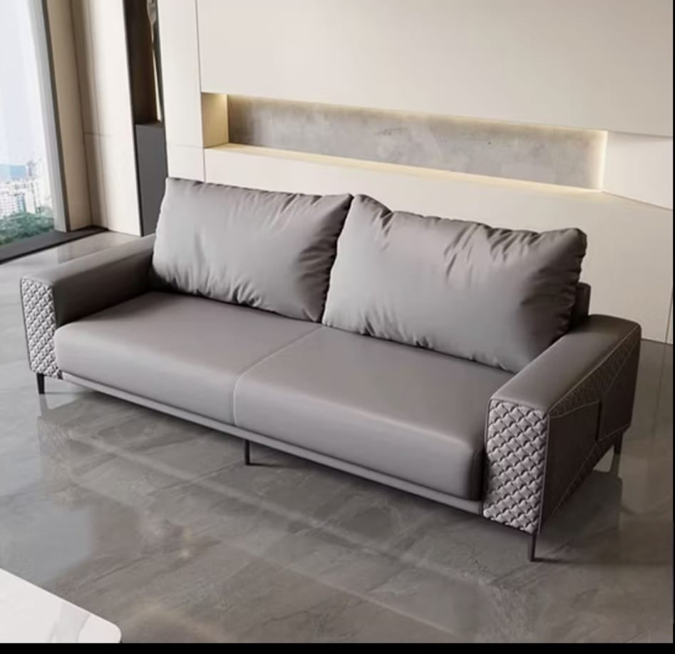 Canapea 2306 piele ecologică gri, design modern cu cotiere matlasate, 220 cm
