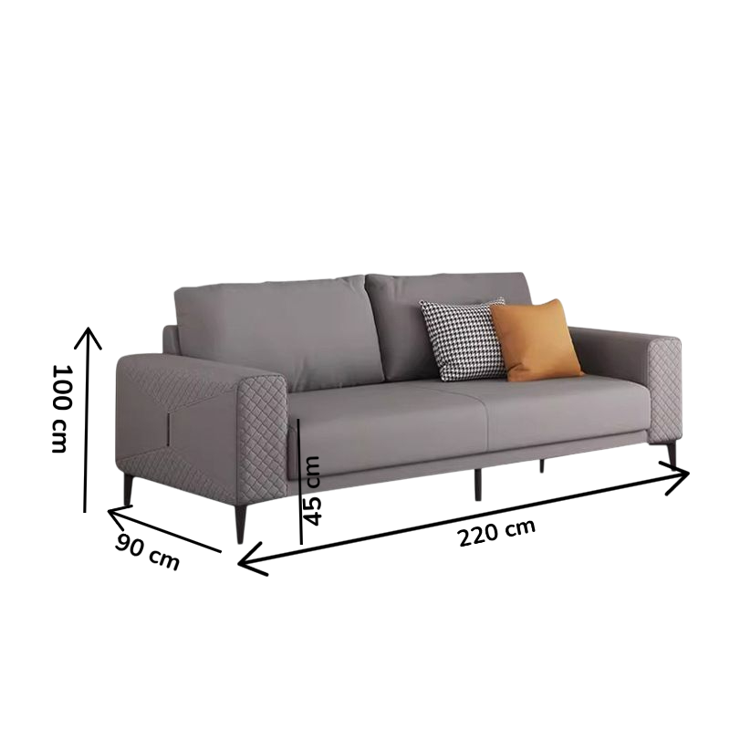Canapea 2306 piele ecologică gri, design modern cu cotiere matlasate, 220 cm