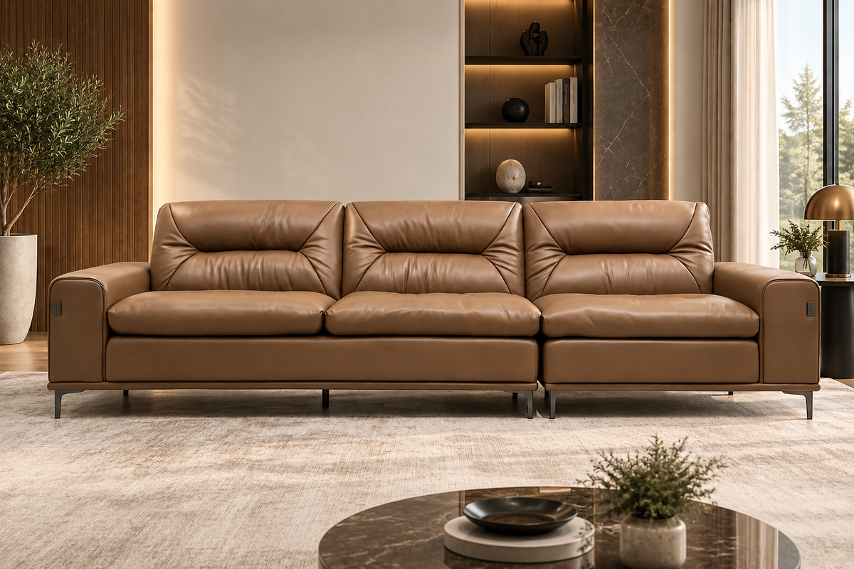 Canapea 6230 din piele naturală și ecologică, 305 cm, design modern cu structură din lemn și metal