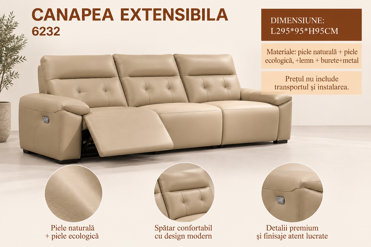 Canapea 6232 bej din piele naturală și ecologică, 292 cm, design modern cu structură din lemn și metal