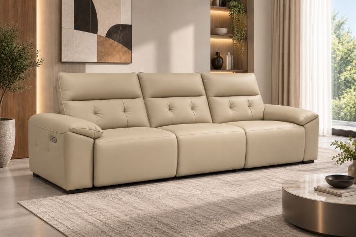 Canapea 6232 bej din piele naturală și ecologică, 292 cm, design modern cu structură din lemn și metal