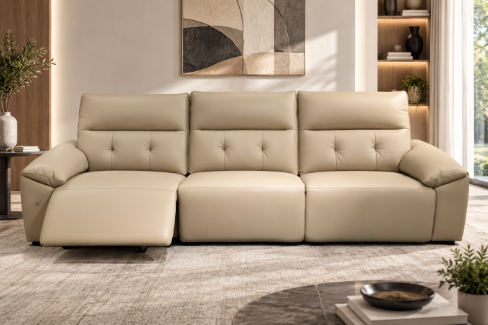 Canapea 6232 bej din piele naturală și ecologică, 292 cm, design modern cu structură din lemn și metal