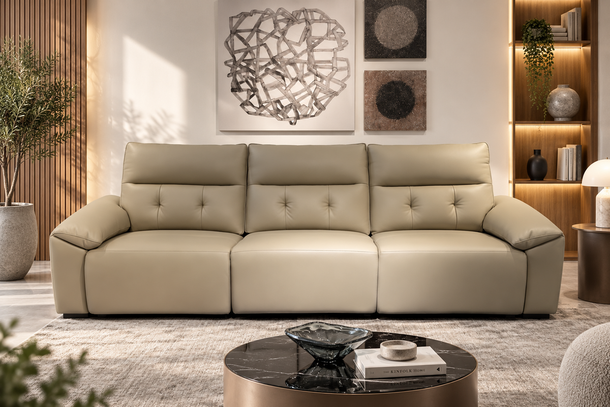 Canapea 6232 bej din piele naturală și ecologică, 292 cm, design modern cu structură din lemn și metal