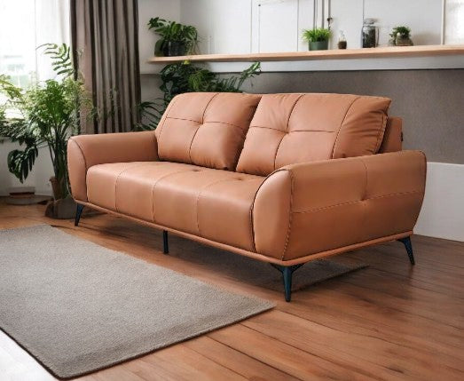 Canapea model 2309, piele sintetică maro-coniac, structură lemn, 220 cm