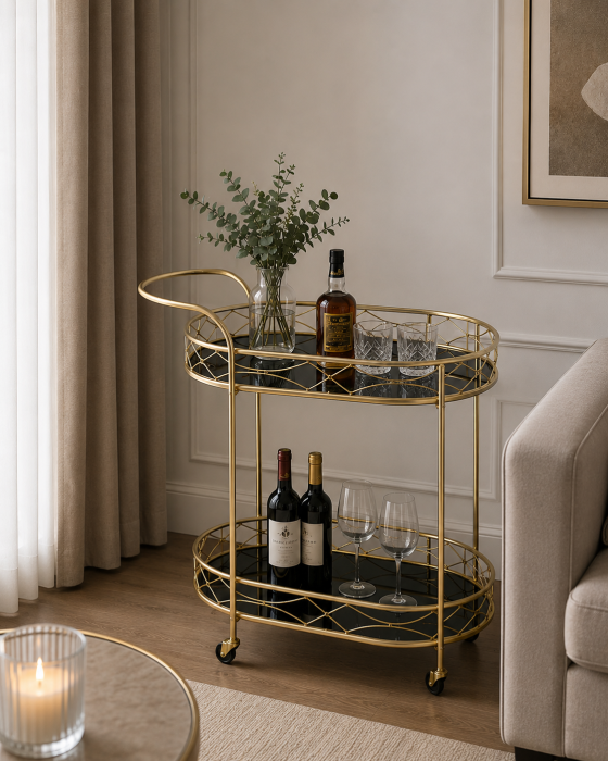 Căruț pentru servit model 50158, metal auriu și blat sticlă oglindă neagră, 68x43x76 cm