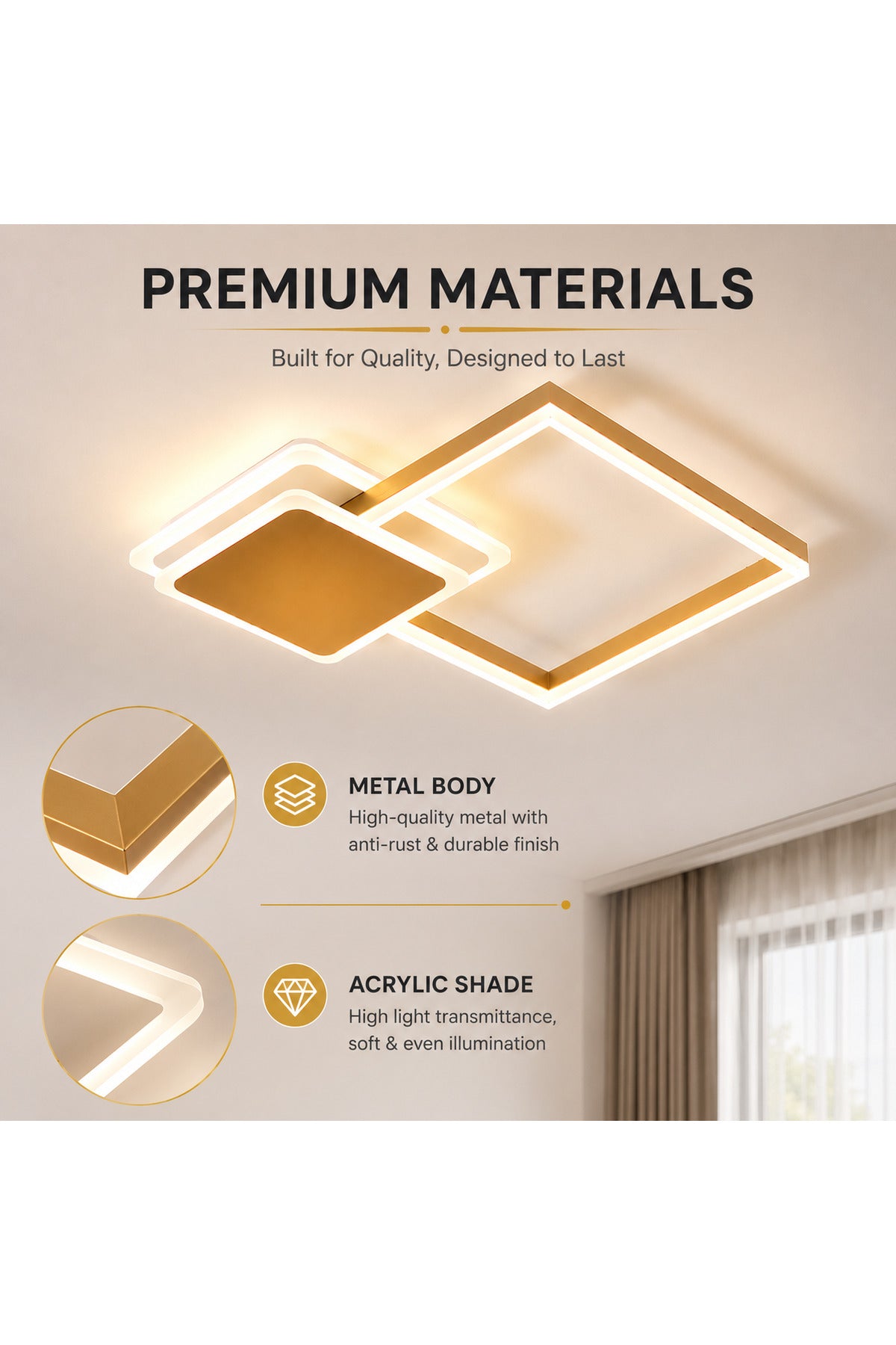 Plafonieră LED aurie, 48 W, dimabilă, Wi-Fi, telecomandă, 3 culori de lumină