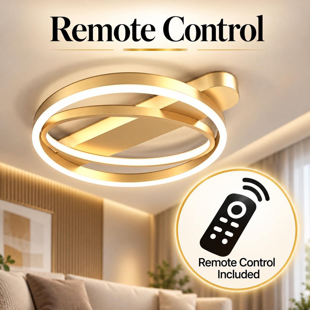 Plafonieră LED aurie, 2 inele, dimabilă, WiFi, telecomandă, 120 W