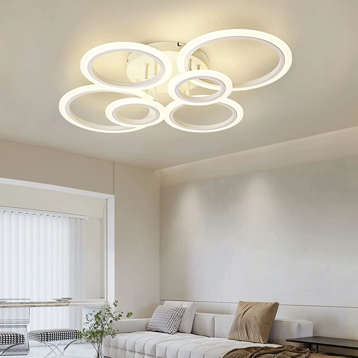 Plafonieră LED 160 W, 6 inele, albă, dimabilă, 3 culori, telecomandă