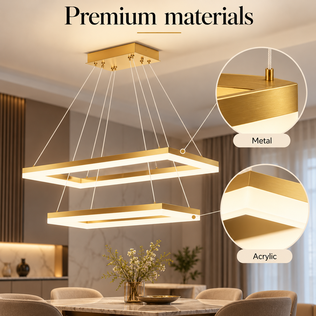 Plafonieră LED pătrată aurie 50+30 cm, Wi-Fi, telecomandă, 3 culori