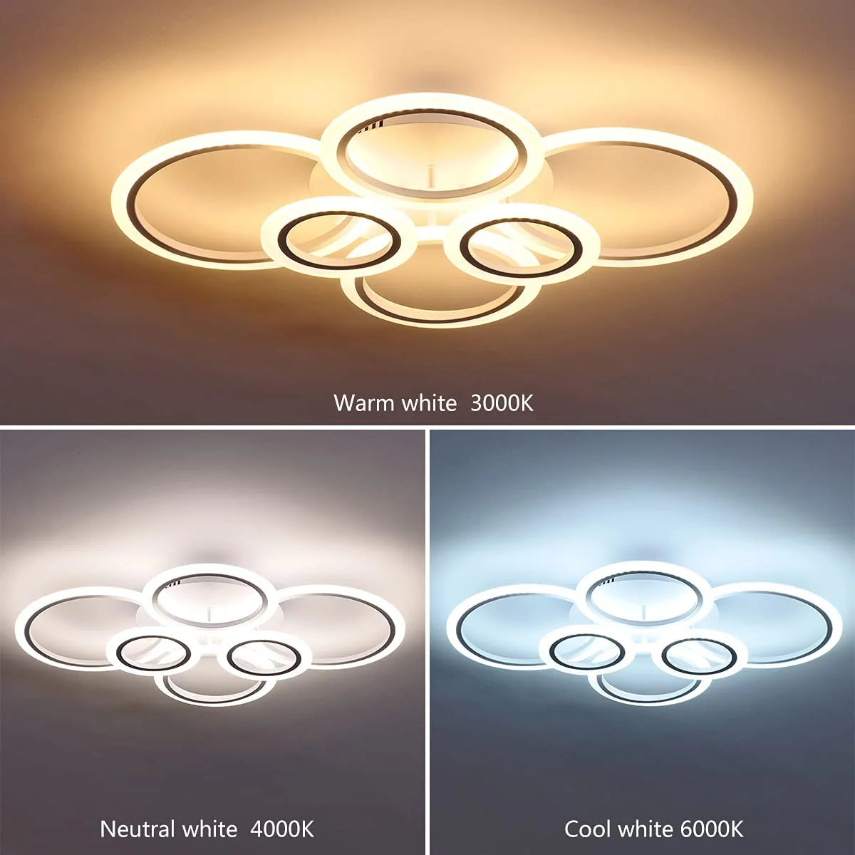 Plafonieră LED 160 W, 6 inele, albă, dimabilă, 3 culori, telecomandă