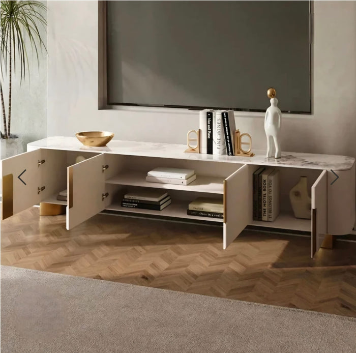 Comodă 2088 MDF bej cu blat piatră sinterizată marmură, accente aurii, 200 cm