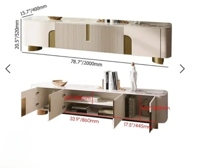 Comodă 2088 MDF bej cu blat piatră sinterizată marmură, accente aurii, 200 cm
