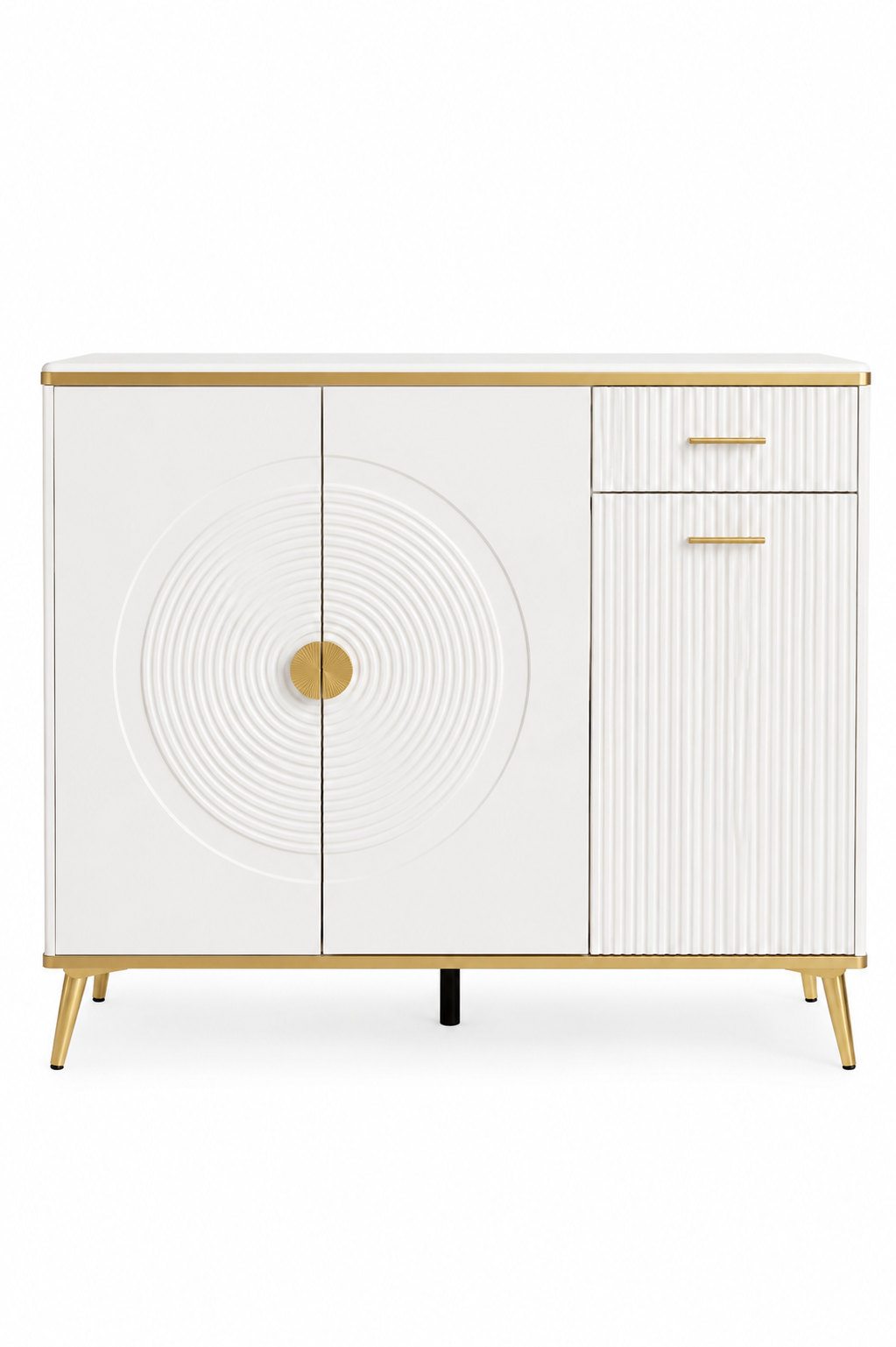 Comodă depozitare 112 MDF alb lucios cu accente aurii, model raze de soare, 120 cm