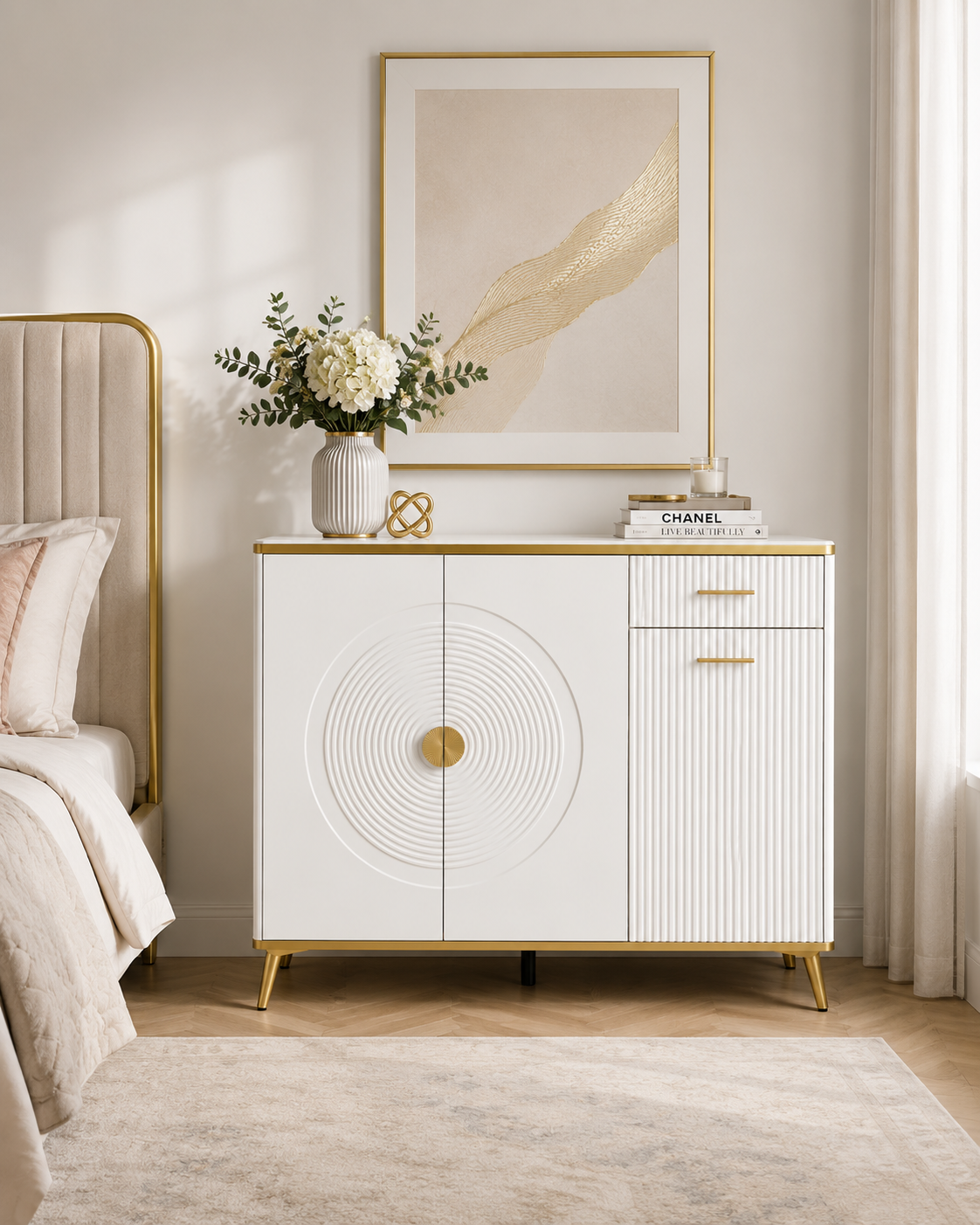 Comodă depozitare 112 MDF alb lucios cu accente aurii, model raze de soare, 120 cm