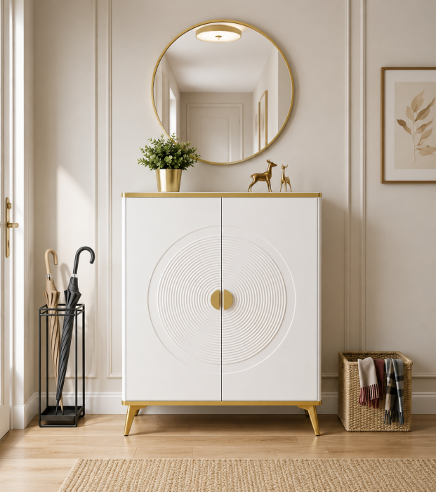 Comodă modernă 112 MDF alb cu blat compozit marmură, model circular 3D, 80 cm