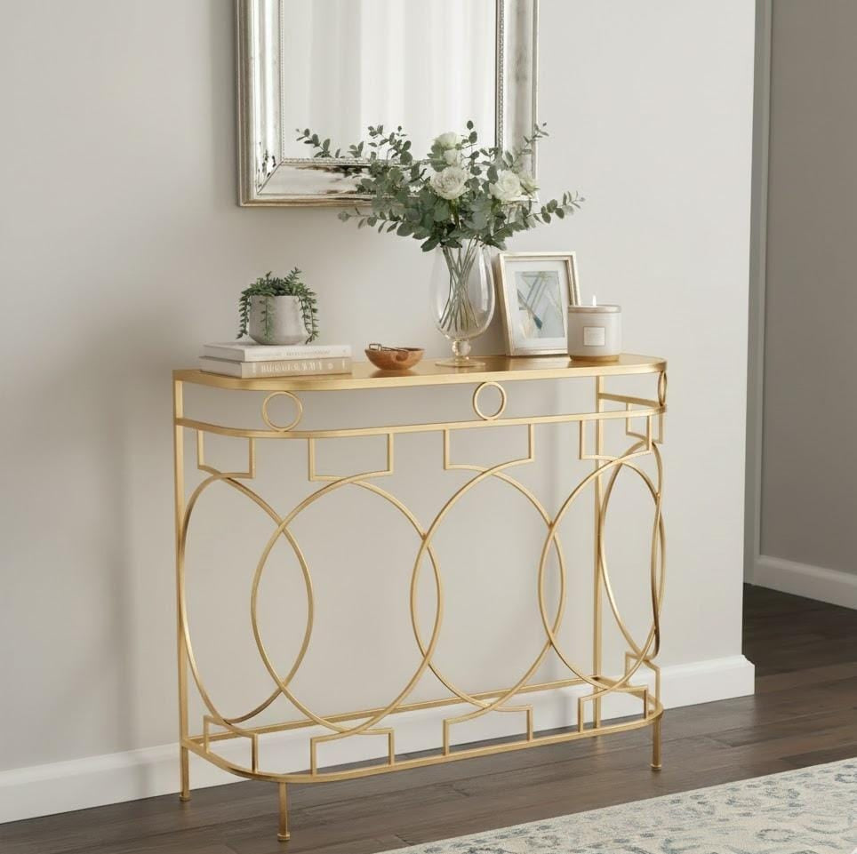 Consolă metalică aurie 61071 S cu design geometric și blat oglindă, L90 cm
