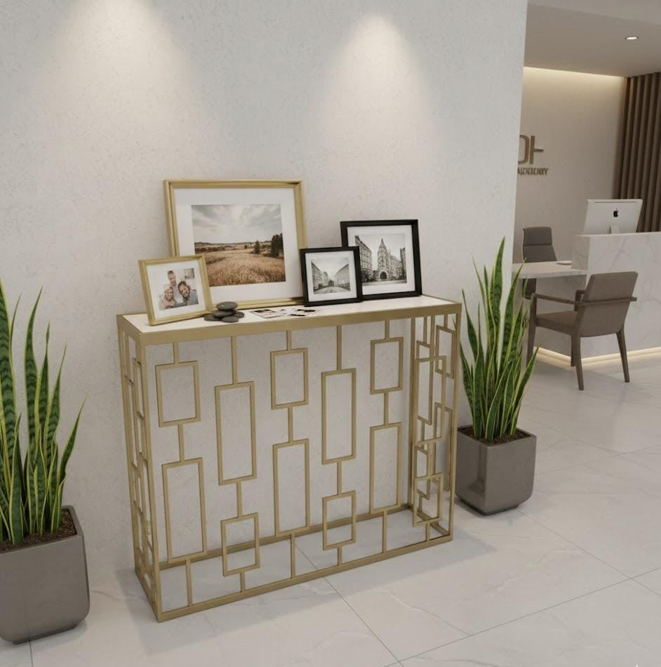Consolă metalică aurie 82023 cu blat oglindă, design geometric modern