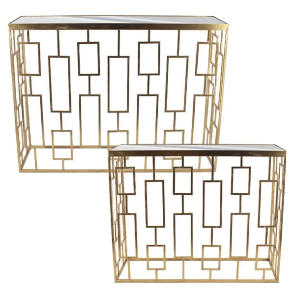 Consolă metalică aurie 82023 cu blat oglindă, design geometric modern