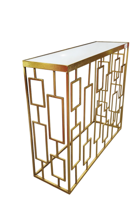 Consolă metalică aurie 82023 cu blat oglindă, design geometric modern
