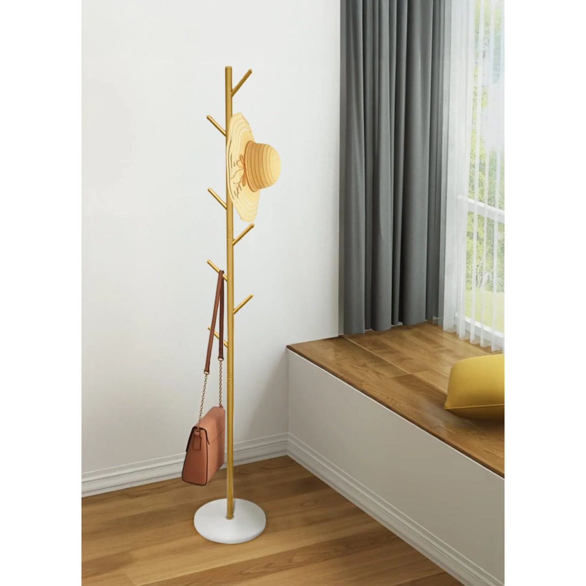 Cuier vertical metal auriu cu bază piatră albă, 8 cârlige, 170 cm