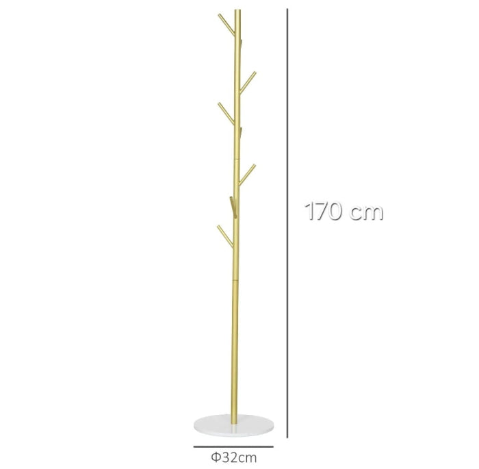 Cuier vertical metal auriu cu bază piatră albă, 8 cârlige, 170 cm