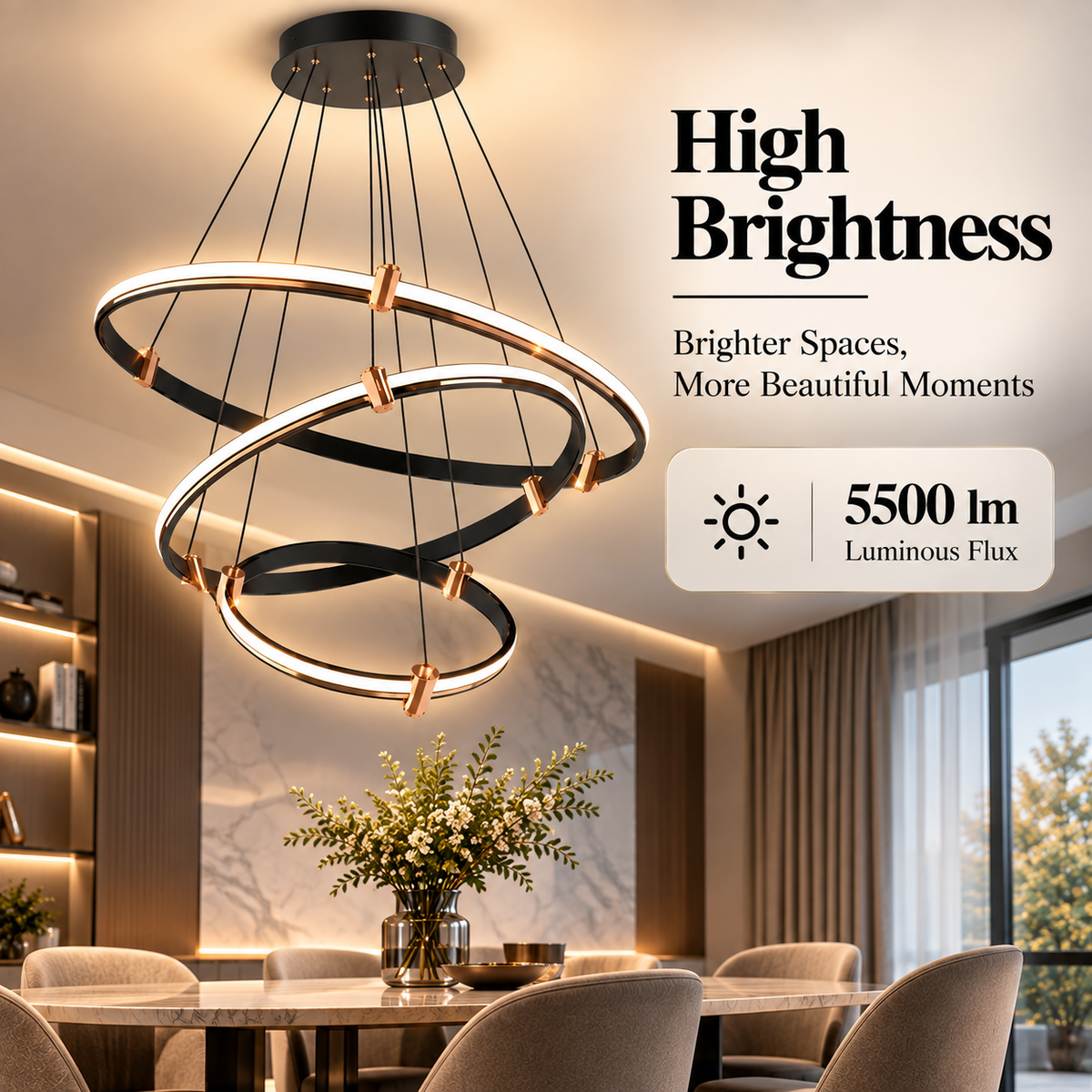 Candelabru LED negru cu 3 inele Ø40/60/80 cm, WiFi, telecomandă, reglabil