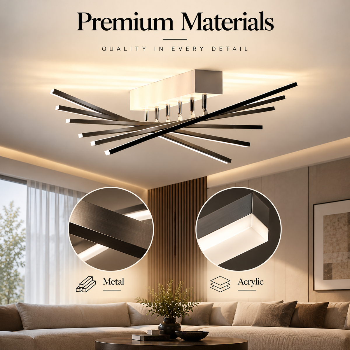 Plafonieră LED neagră 144 W, 6 surse, dimabilă, telecomandă, 3 culori