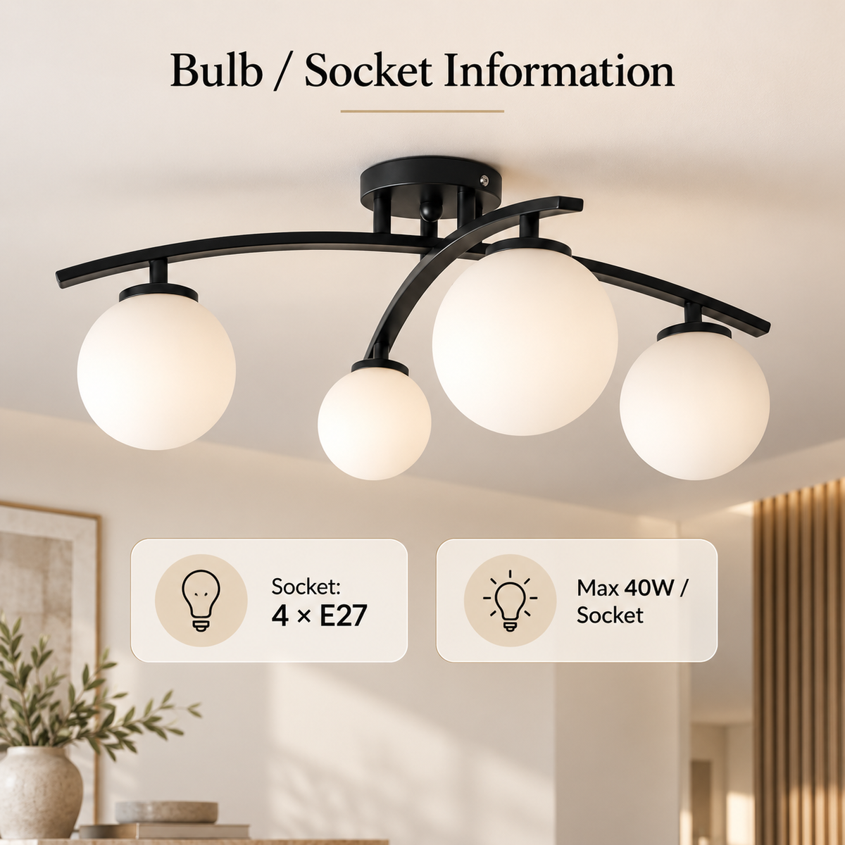 Plafonieră modernă albă, 4 surse de lumină, E27, metal și acril