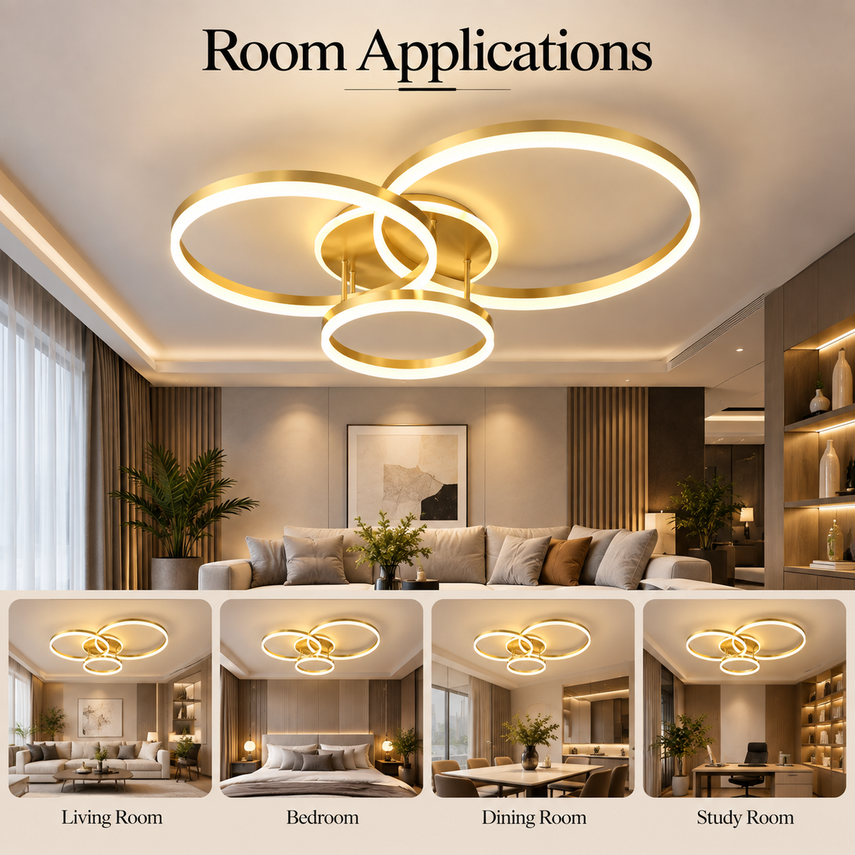 Plafonieră LED aurie 160 W, 3 inele, Wi-Fi, dimabilă, 40/30/25 cm