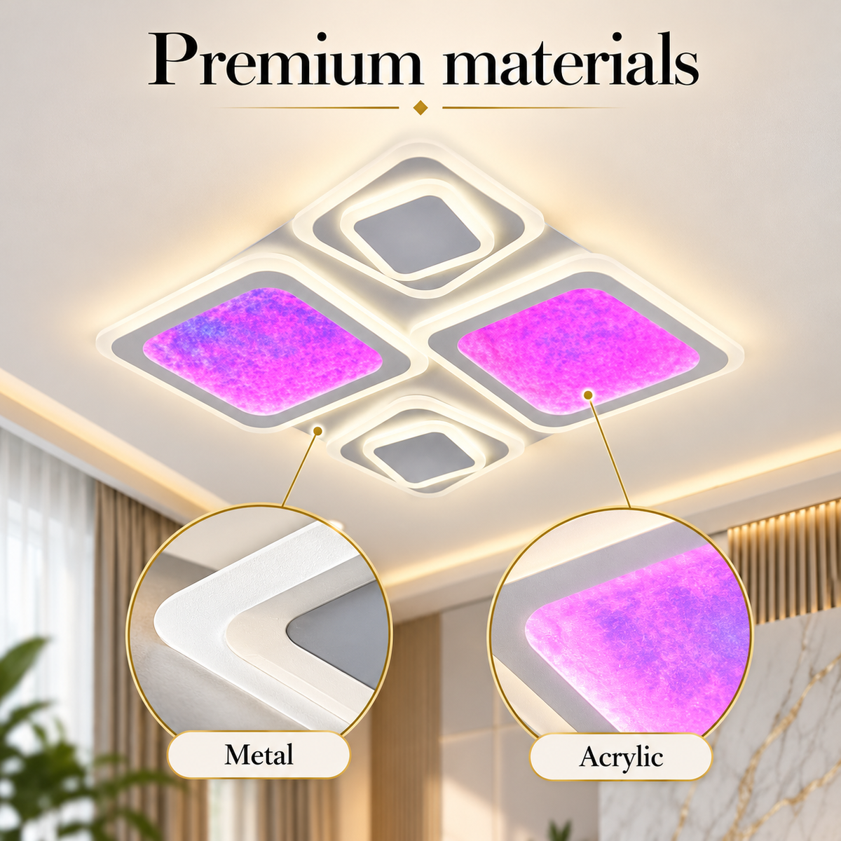 Plafonieră LED RGB SIERA, design cu 4 pătrate, cu telecomandă