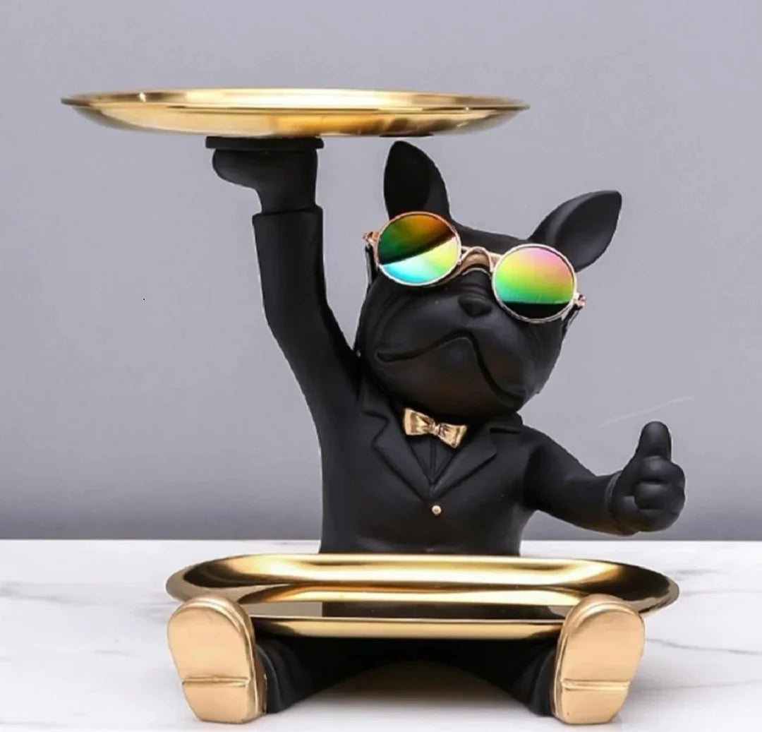 Statuie decorativă 4318 câine cu 2 tăvi aurii – elegantă și funcțională