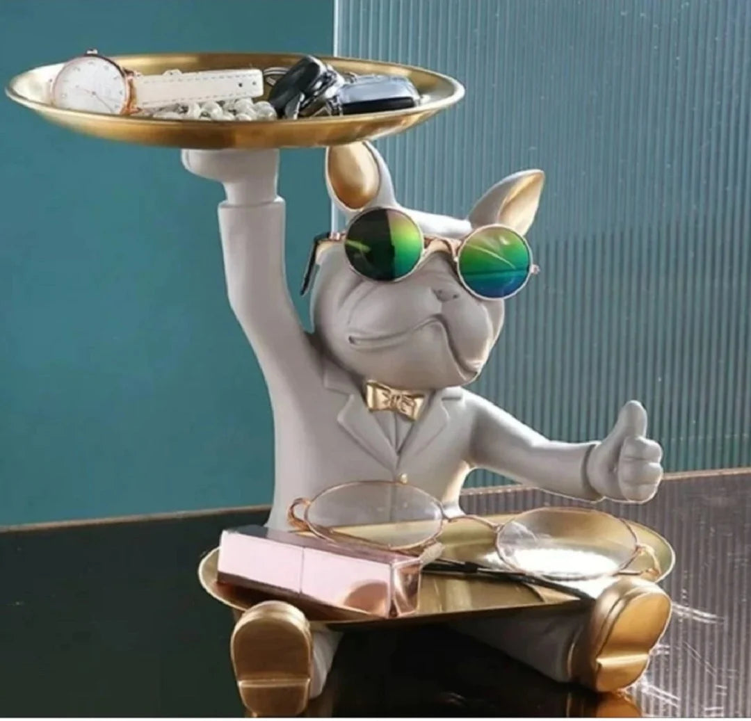 Statuie decorativă 4318 câine cu 2 tăvi aurii – elegantă și funcțională