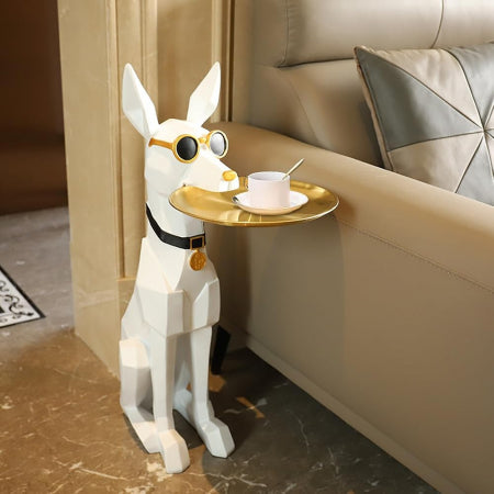 Decorațiune de podea model BJ162 – câine cu tavă din oțel inoxidabil, modern și elegant