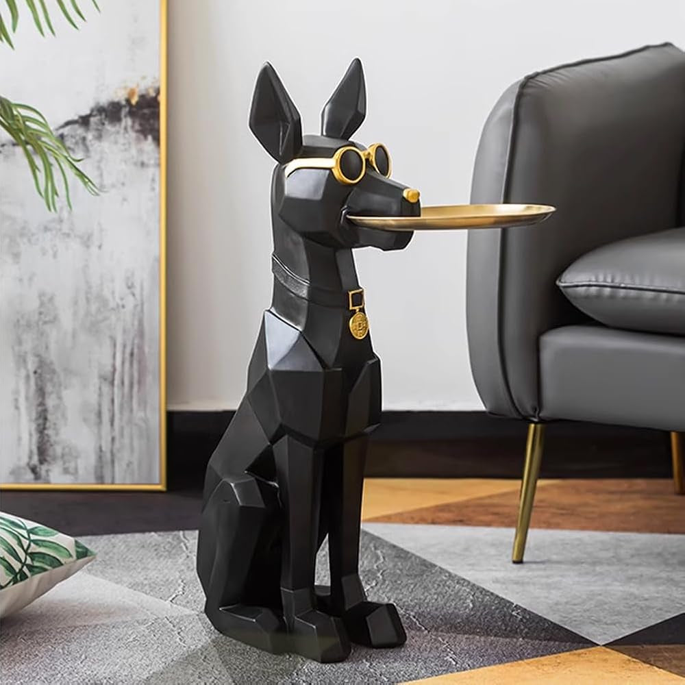 Decorațiune de podea model BJ162 – câine cu tavă din oțel inoxidabil, modern și elegant