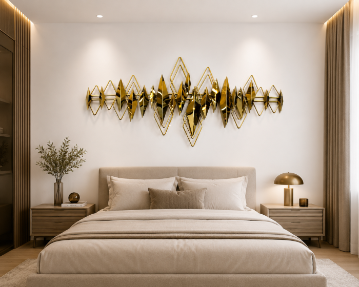 Decorațiune de perete metalică model 61050 auriu cu forme geometrice 3D, 170x76 cm