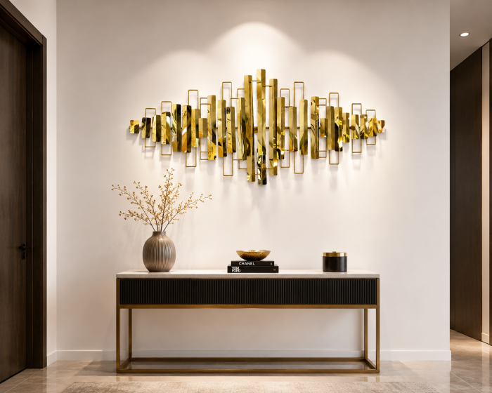 Decorațiune de perete metalică model 61052 auriu lucios cu forme geometrice 3D, 168x65 cm