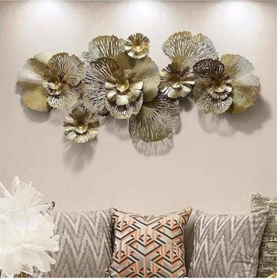 Decorațiune metalică de perete model 15438 floral 3D auriu, 132x62 cm